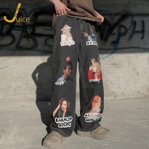 Wholesale 2021 Cartoon Printed Jeans Trouser Men Loose Wide Leg Jeans Denim Pants Popular Korean Teenagers Student Wind Pants