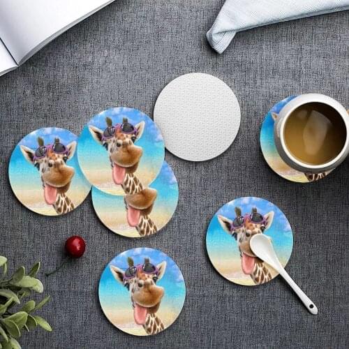 Upetstory Cute Glasses Giraffe Print Coasters for Drink Custom Round Kitchen Tableware Pad Heat Resistant Placemat 6pcs/set
