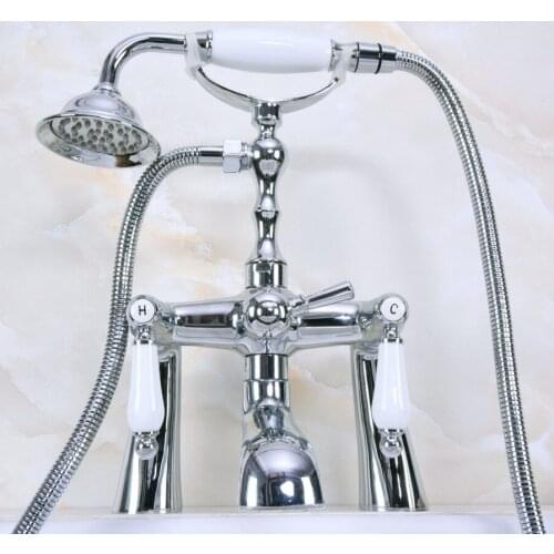 Polished Chrome Brass Deck Mount Bathroom Tub Faucet Dual Ceramic Handles Telephone Style Hand Shower Clawfoot Tub Filler ana112