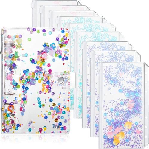 10 Pieces A6 Soft PVC Glitter Binder Budget Cash Envelopes System Planner ,Includes 9 Pcs Quicksand Loose Leaf Zipper Pockets
