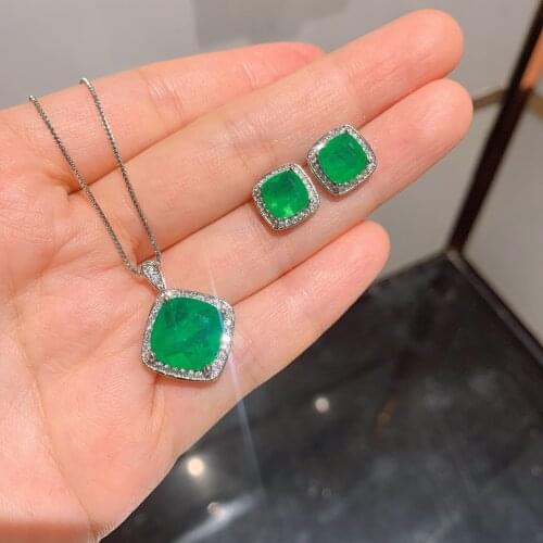 Vintage 100% 925 Sterling Silver Emerald Gemstone Earrings/Pendant/Necklace Wedding Cocktail Jewelry Sets