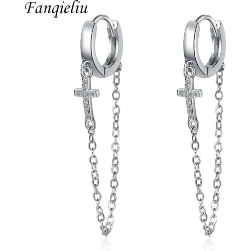 Fanqieliu Real 925 Sterling Silver O Chain Mid-length Crystal Cross Drop Earrings For Women FQL21257