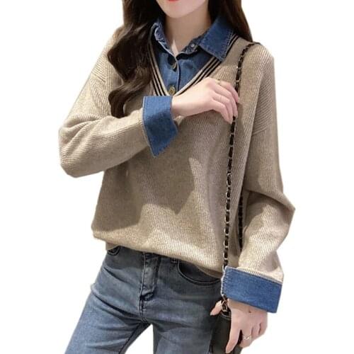 Women Fake Two Stitching Shirt Collar Sweater 2021 Spring Autumn Knitted Bottoming Shirts Denim Loose Pullover Tops Coat Female