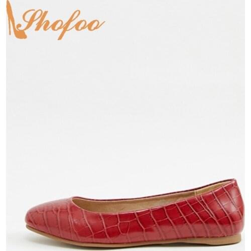 Red Croc Embossed Ballet Flats Woman Round Toe Slip On Shoes Large Size 10 15 Ladies Summer Office Formal Fashion Mature Shofoo