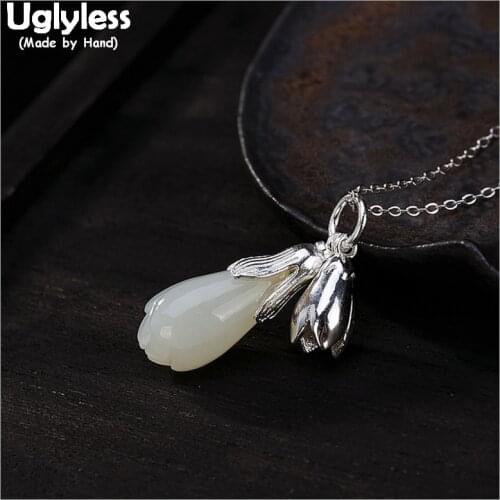 Uglyless 100% Real 925 Sterling Silver Handmade Magnolia Pendants for Women Natural Jade Flower Necklaces NO Chains Fine Jewelry