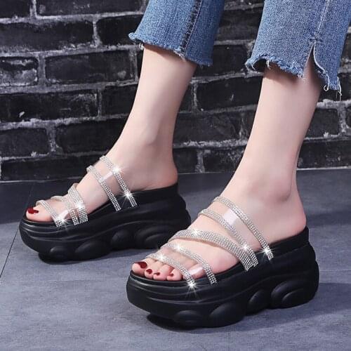 Summer Yellow Shoes Woman 2020 Slipper Crystal Straps Wedges Heels Slides Women Chunky Platform Pvc Rhinestones Sandals