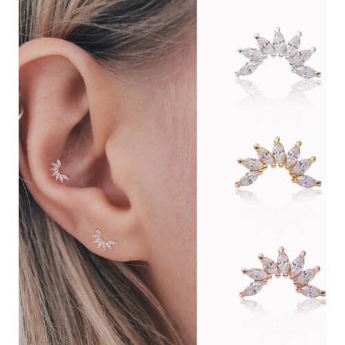 1PC Fashion Cz Ear Studs Cartilage Earring for Women Stainless Steel Zircon Leaf Small Stud Earring Ear Piercing Jewelry Gifts