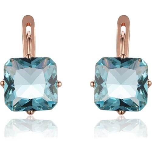 Women 585 Rose Gold Color Green Red Light Blue Stone Square Cubic Zircon Stone Earring