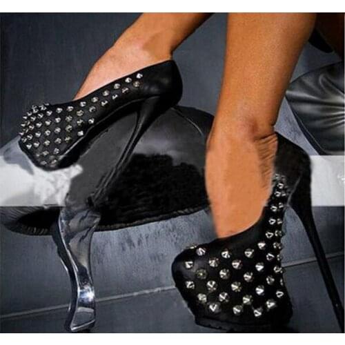 Hot selling punk style solid black color round toe rivets studded high platform dress shoes spike heel woman pumps big size 43