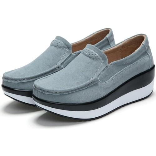 Women Creepers Platform Heighten Shoes For Ladies Wedges Cow Suede Flats Shallow Slip On Woman Shoes Female Handmade Footwear