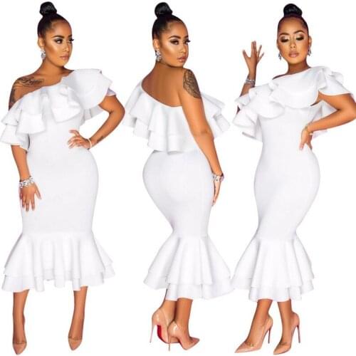 2021 Ladies Summer Ruffle Off Shoulder Twill Slim Fit Slim Sexy Elegant Mid-length Dress Party Nightclub Office Lady OL White