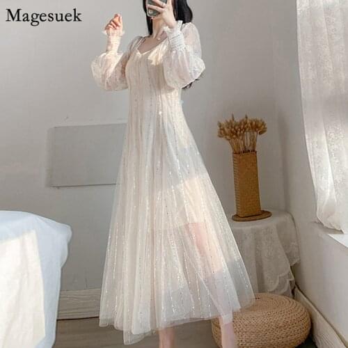 2021 Autumn Women Dress Elegant Puff Sleeve O-neck Mesh Sexy Dress Women Two-Piece Party Maxi Dresses For Women Vestidos 10123