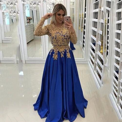 Elegant Gold Lace Evening Dress 2021 Appliques Long Sleeve Evening Party Gown Prom Dress Longo robes de soirée