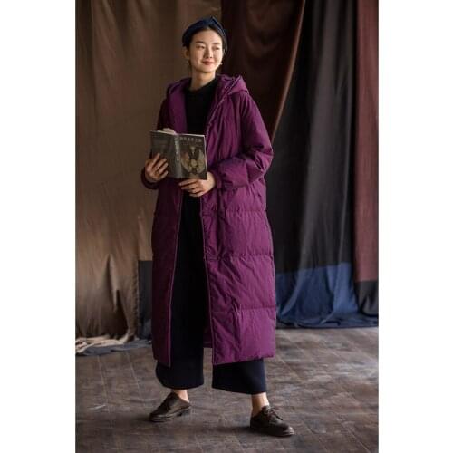 2020 Winter Animal Husbandry Original Retro Womens Clothing White Goose Down Mid-Length Hooded Disc Button Literary Down Jacket