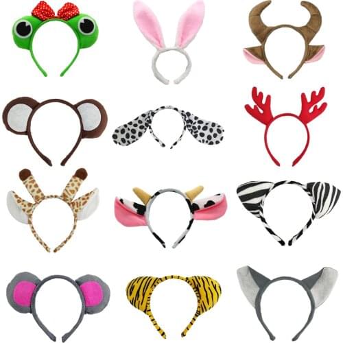 12 Pack Animal Headbands Zoo Cartoon Plush Ear Hairbands Costume Set Halloween Christmas Cosplay Birthday Theme Party Supply