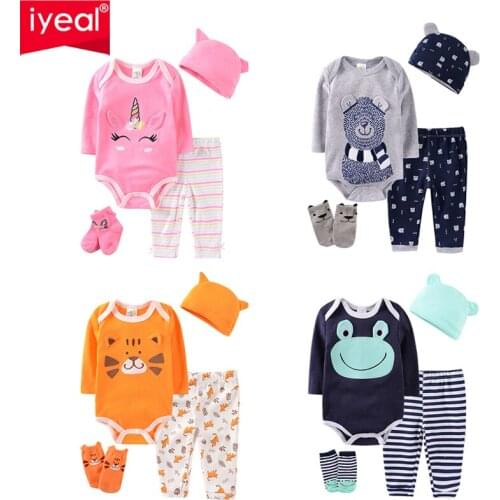 IYEAL Newborn Toddler Infant Baby Boys Girls Clothes Set Cartoon Long Sleeve Tops Rompers + Pants+Hat +Socks 4PCS Outfits Set