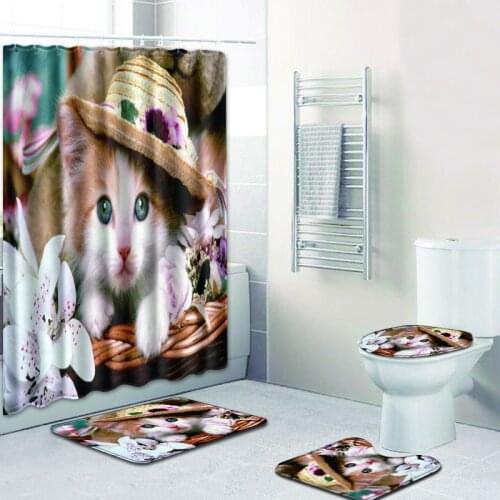 2019 NEW 4Pcs lovely cat Shower Curtain Bath Rug Set Bath Mat Bathroom Accessories Curtains With Hooks