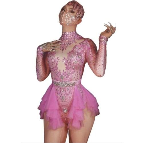 Sparkly Rhinestones Pink Lace Bodysuit Women Long Sleeve Birthday Party Outfit Dance Costume Sexy Show Performance Stage Wear