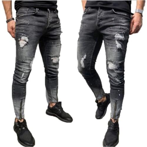 Black Ripped Jeans Men Autumn Casual Stretch Skinny Distressed Jeans Homme Fashion Ankle Zipper Denim Pencil Pants Jeansy Meskie