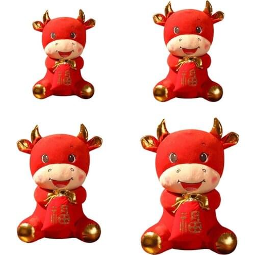 Funny Chinese Zodiac Ox Cattle Plush Toys Red Milk Cow Mascot Stuffed Doll For Children Girls Birthday New Year Gifts
