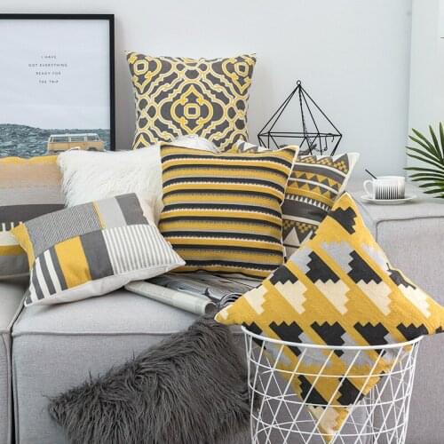 Cotton Canvas Embroidery Geometric Pillow Cover Home Decor Yellow Grey Cushion Cover Decorative Pillow Case Pillow Sham 45x45cm