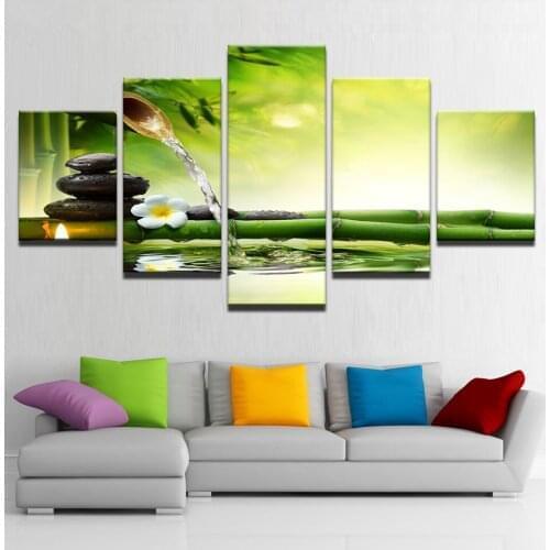 Canvas HD Prints Poster Home Decor Wall Art Framework 5 Pieces Spring Stone Bamboo Flowing Water Painting Candle Flower Pictures
