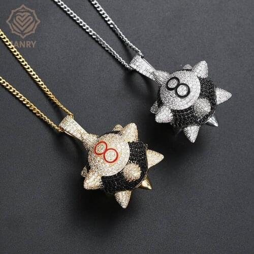 JANRY 8 Meteor Hammer Pendant Necklace Zircon Hip Hop Gold Silver Color Necklace With 60cm Rope Chain For Men Women