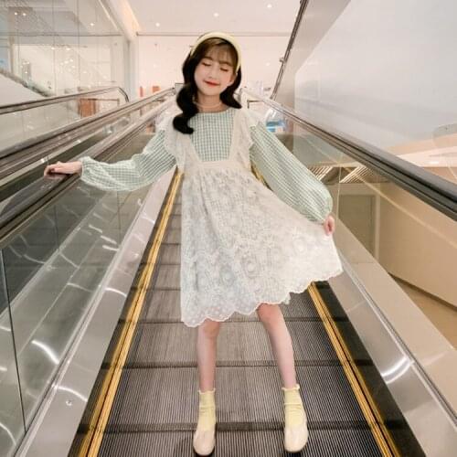 2021 Girls Clothes Sets Spring Autumn Plaid Tops and Lace Dress 2 Pcs Suit Children Boutique Kids Clothing 4 6 8 10 12 14Y