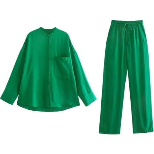 Green 2 PCS Womens Autumn Tracksuits Oversized Blouses Tops +Waist Pants Solid Plus Size Outsuit Homewear Pants Set 2021