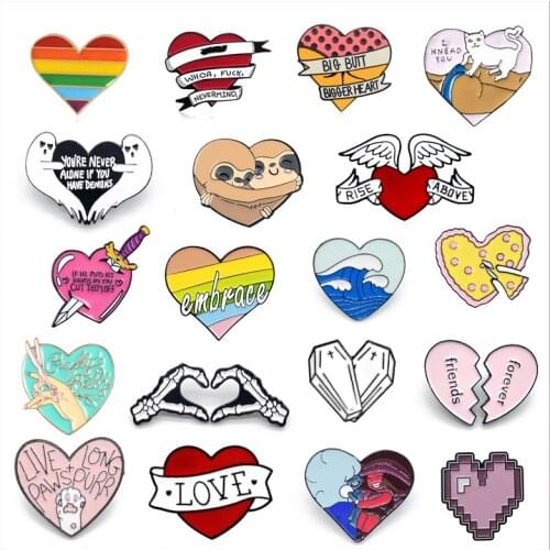 Cartoon Pink Love Heart Pin Animal Skeleton Wave Wings Pizza Dog Colored Brooch Clothes Accessories Jewelry Gift For Best Friend
