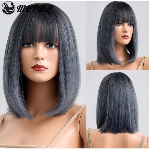 Daily Blue Medium Straight Hair Natural Synthetic Wig For Women With Bangs Heat Resistant Female Cosplay Fiber Colored Wigs