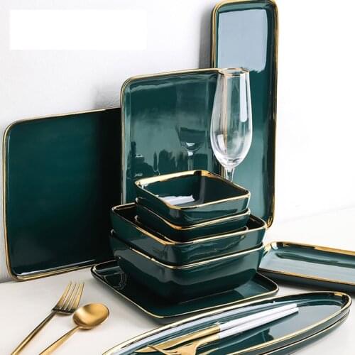 Tableware Set Gold Inlay Green Ceramic Dinner Porcelain Dessert Plate Steak Snack Cake Salad Soup Rice Bowl