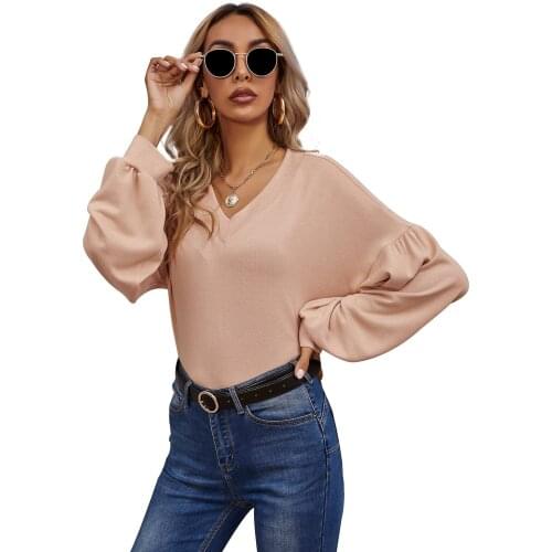Autumn and Winter Leisure Slim Solid Color V-neck Slim Long-sleeved Womens Blouse