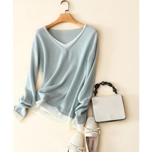 Autumn casual high-end 100% cashmere v neck patchwork designs sweaters women