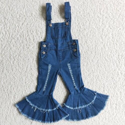 Hot Sale Girls Denim Bell Pants Overalls Fashion Baby Girls Jeans Double Ruffle Bell Bottom Pants Boutique Kids Designer Pants