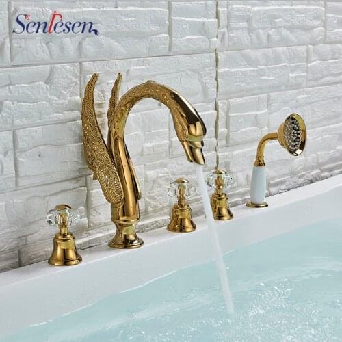 Senlesen Golden Swan Bathtub Faucet Deck Mounted Brass Hand Shower Basin Mixer Tap Widespread Tub Sink Faucet Tub Mixer