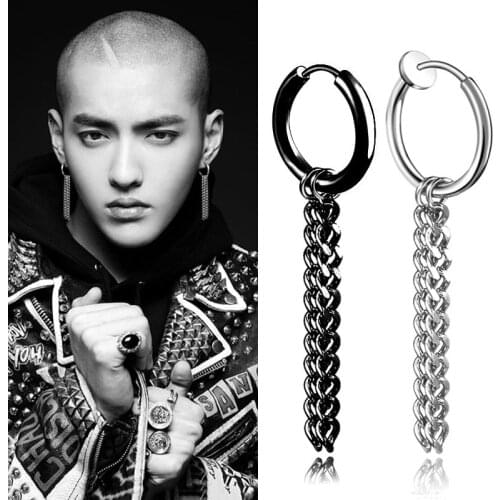 SOHOT Wholesale Chic Geometric New Unisex Titanium Stainless Steel Hoop Drop Earrings HipHop New Punk Tassel Chain Man Bar Party