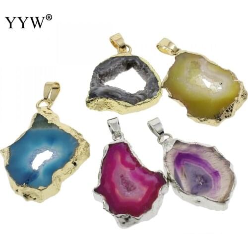 Natural Stone Jewelry Gold Silver color Plating Crystal Pendant Ice Quartz Agates Connector Green Agates Slices Charms Pendants