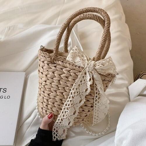 2021 Summer Women Straw Rattan Bucket Crossbody Bag with Short Beading Handle Hand-woven Shoulder Purses and Handbags Basket
