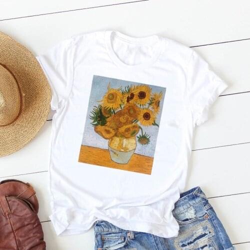 2021 Women Shirt Painting Casual Printed Sunflower Vintage Aesthetic Female Womens T T-shirt Graphic Printed Top Tshirt