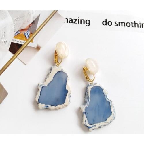 Acrylic Geometric Irregular Blue Mountain Stone Long Clip Earrings No Pierced Ears Resin Earrings For Women Girl Brincos