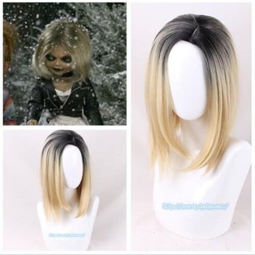 Halloween Bride of Chucky Women Tiffany blonde omber black wig Role Play Jennifer Tilly cosplay middle parting hair + wig cap