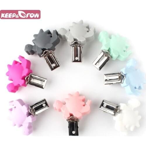 Keep grow 1pcs Dinosaur Silicone Teether Metal Clip Pacifier silicone rodent DIY Baby Teether Necklace Pendant Clamp