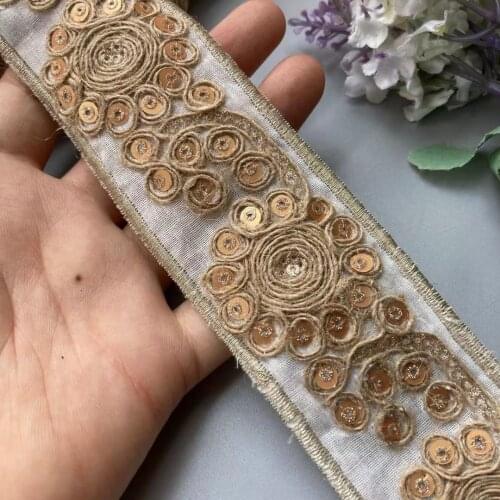 2 Yards Ethnic 43mm Gold Thread Sequins African Lace Trims Geometric Lace Ribbon DIY Sewing Dress Decoration Bridal Lace New Hot