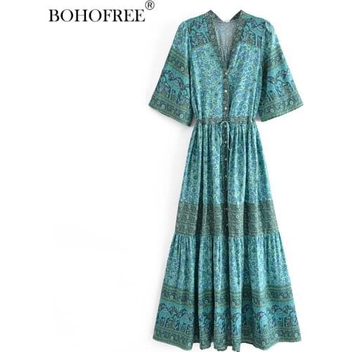 Bohemian Camel Print Long Maxi Hippie Dress V Neck Short Sleeves Button Down