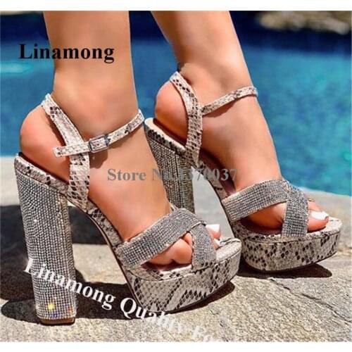 Linamong Bling Bling Rhinestone High Platform Snake Leather Chunky Heel Sandals Shining Crystal Thick High Heel Sandals Shoes