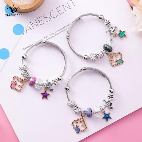 XiaoboACC Korean Diy Stainless Steel Adjustable Rabbit Square Crystal National Wind Star Beads Bracelet