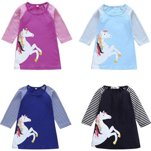 Baby Girls Long Sleeve Embroidery Dresses For Kids Unicorn Cartoon Dress Girls Casual Striped Princess Dresses Children Clothing