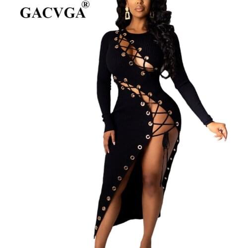 GACVGA 2020 Knitted Autumn Long Dress Women Hollow Out Long Sleeve Slim Elastic Sexy Bodycon Bandage Party Dresses Maxi Vestido