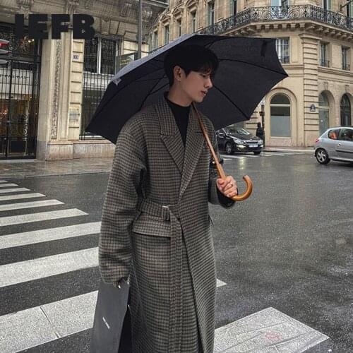 IEFB thousand bird Plaid fur coat mens Korean loose medium length woolen windbreaker